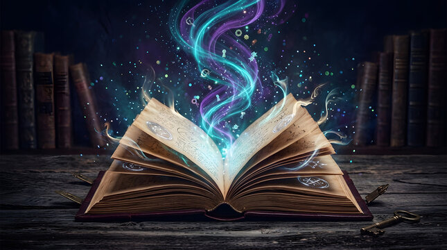 Open antique book with magical glowing light and swirling energy on a wooden table