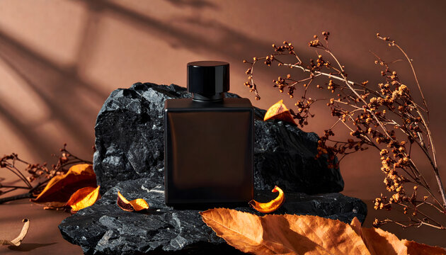Dark Moody Luxury Autumn Fragrance: Mysterious luxury dark glass perfume bottle with fragrance on rock and dry leaf