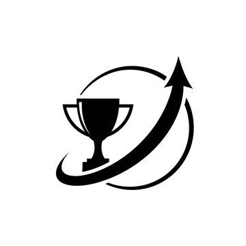 Trophy cup with rising curved arrow symbolizing success and achievement in black vector style achievement business competition champion progress ambition performance increase silhouette