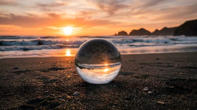 Clear glass crystal ball sitting on a sandy beach at sunset, capturing the inverted reflection of the golden sun, waves, and coastal mountains in a creative and artistic nature perspective.