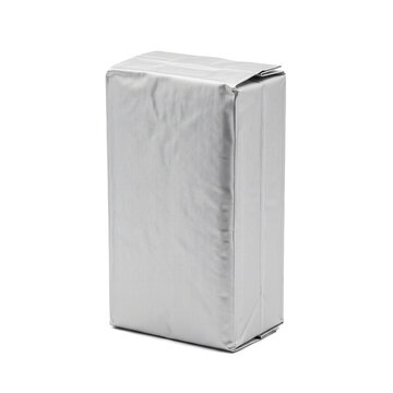 Blank silver foil vacuum packed coffee brick mockup 500 g, unbranded coffee packaging isolated on white background
