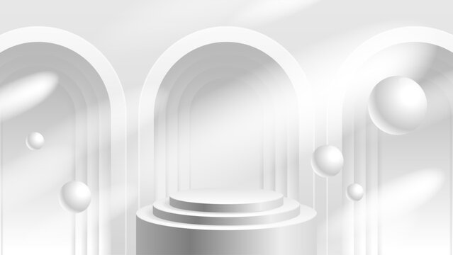 Minimal white product podium vector scene featuring glowing arches, floating spheres, and a soft spotlight, ideal for cosmetics, luxury branding, and modern advertising layouts.