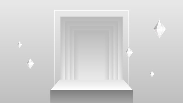 Elegant white exhibition pedestal vector scene with framed architectural niche and floating diamonds, suitable for jewelry showcases, luxury campaigns, and sophisticated branding.