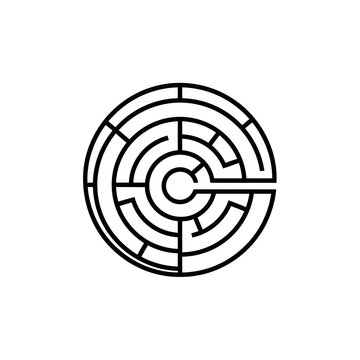 Circular maze labyrinth icon representing complex problem solving with labyrinth circular strategy challenge solution illustration monochrome thinking direction planning decision abstract