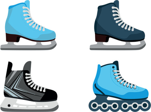Ice Skates and Rollerblades Vector Illustration Set Featuring Figure Skates Ice Hockey Skates and Inline Roller Skates for Winter and Summer Sports Graphic Designs