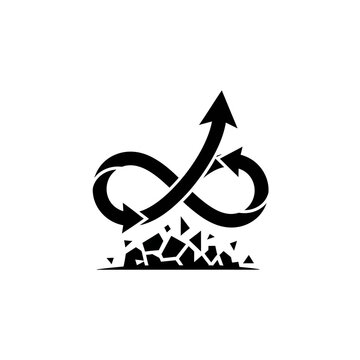 Dynamic infinity arrow rising above shattered ground symbolizing sustainable growth and recovery with infinity recovery shattered business development continuous progress strategy momentum