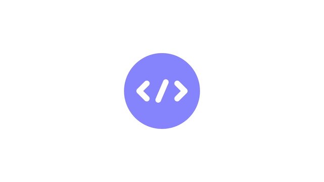 Minimalist flat code programming icon on blue circular background