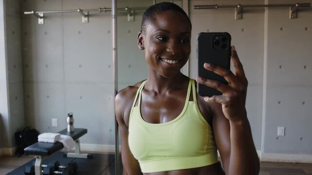 Raising smartphone, woman wearing neon sports bra taking mirror selfies in gym, showing progress