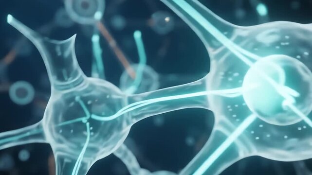 Microscopic animation of glowing neural network transmitting electrical