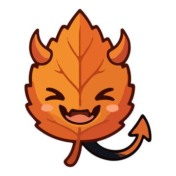 Cute orange devil leaf with horns and tail smiling, Halloween cartoon illustration