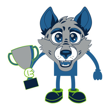 Cute Wolf Mascot Character Holding Winner Trophy Vector Illustration in AI EPS SVG PNG
