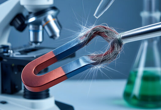 Biotechnology research and magnetic separation, scientist using magnet to isolate metallic particles in laboratory experiment for medical innovation