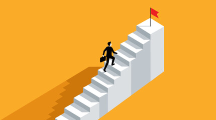 Fototapeta premium Professional of Business Person Climbing White Staircase with Red Flag at Summit Against Orange Gradient
