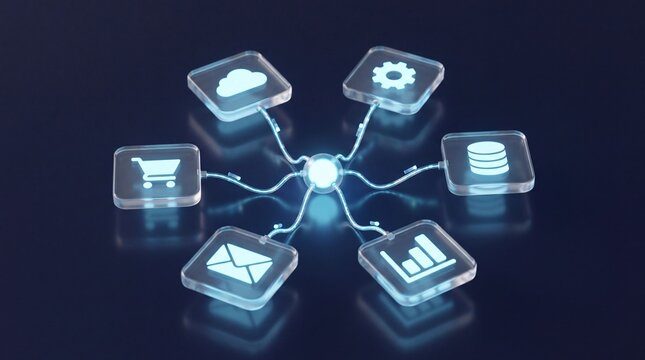 Glowing data cables connecting floating app modules, API integration concept