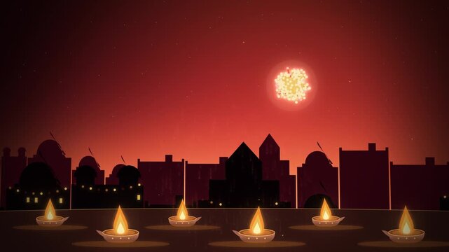 Diwali orange firework burst over rooftops with row of diyas at dusk