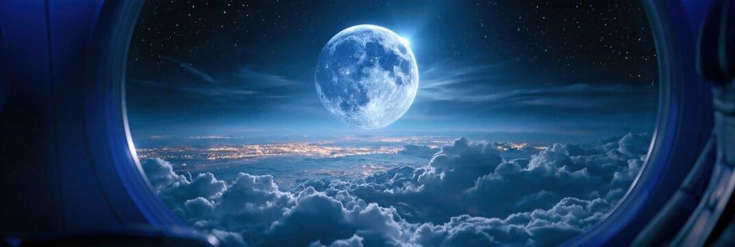 View from airplane window at night with full moon