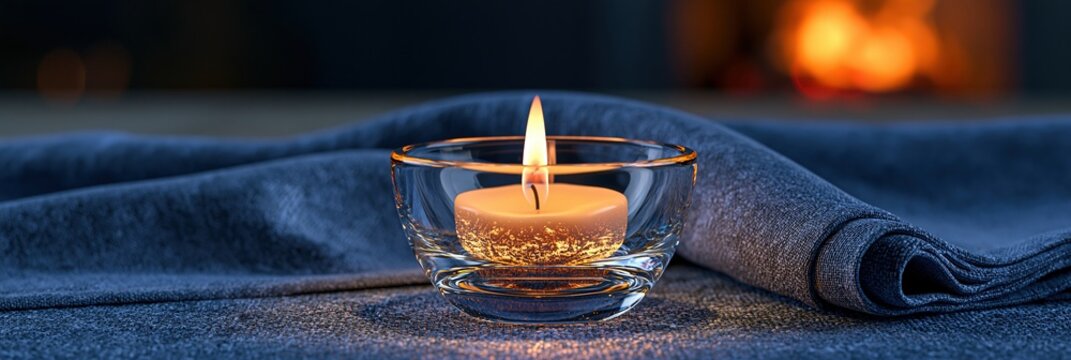 Warm candle in glass holder on dark blue fabric with fireplace glow in background
