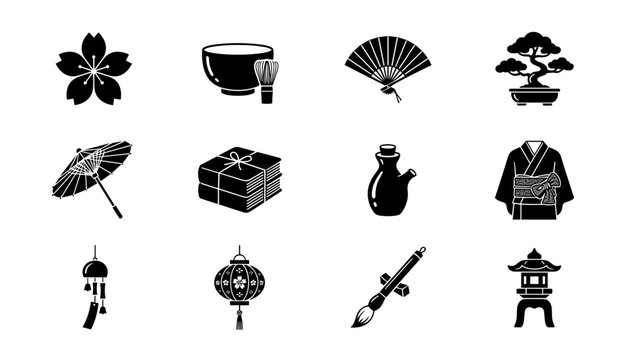 Japanese Culture and Traditional Heritage Objects Silhouette Icon Set Vector
