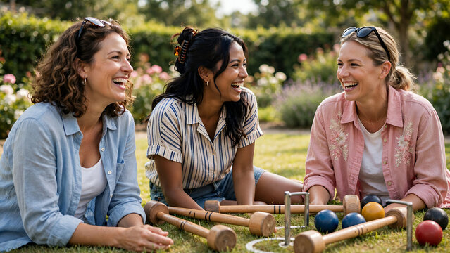 three women laughing together while playing lawn bocce in a sunny garden with colorful balls and wooden mallets