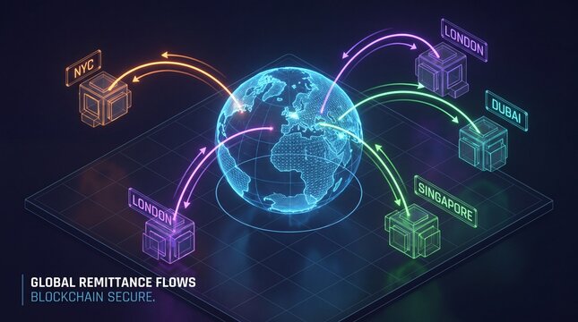 Global Digital Remittance Flows and Blockchain Financial Technology Network.