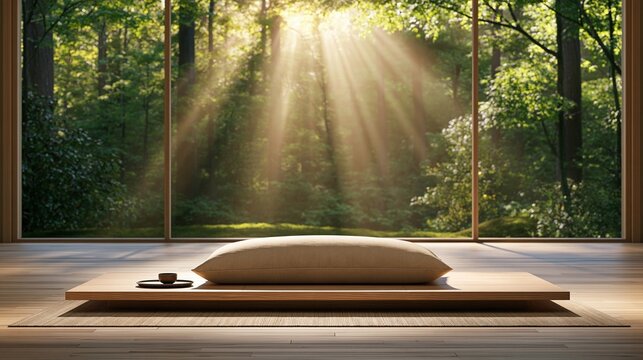 Zen meditation cushion and tea set by forest window