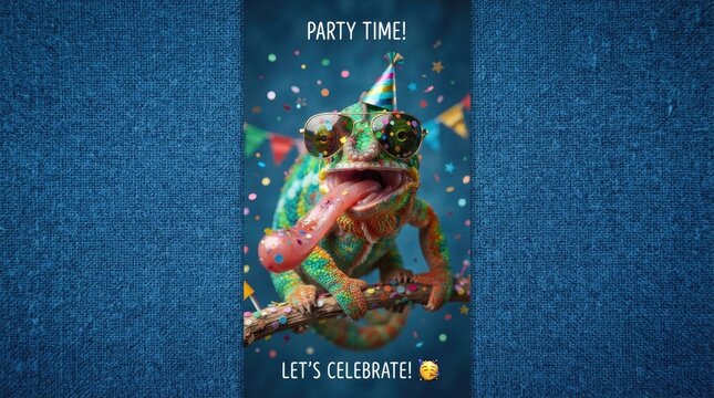 A colorful chameleon is celebrating a party.