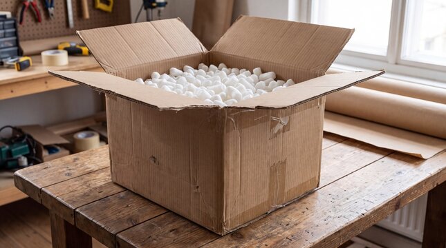 Open cardboard shipping box filled with protective plastic bubble wrap on a wooden workbench.