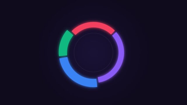 Premium 3D glowing donut chart rotating seamlessly with data sections expanding. Ideal for data visualization, market share, business analytics, and corporate stats themes.