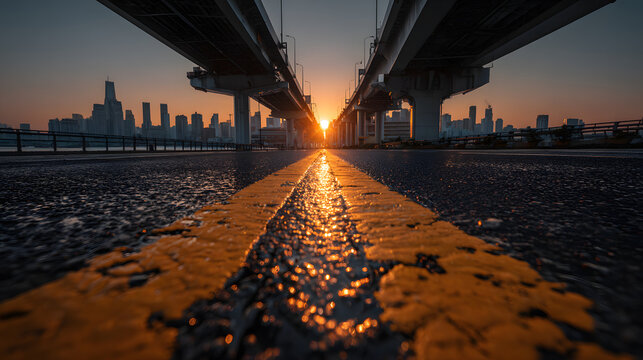 Cityscape Skyline at Sunset View From Highway Underpass, Urban Infrastructure and Transportation Concept, Modern Architecture