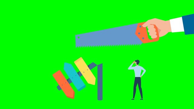 Entrepreneur chooses the path. Businessman is thinking near the direction indicator. Man cuts direction sign, a pointer with a saw. Concept of confusion, no landmarks. 2d flat animation. Alpha channel