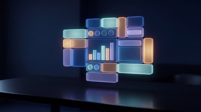 Glowing building blocks assembling holographic app screen, low-code development