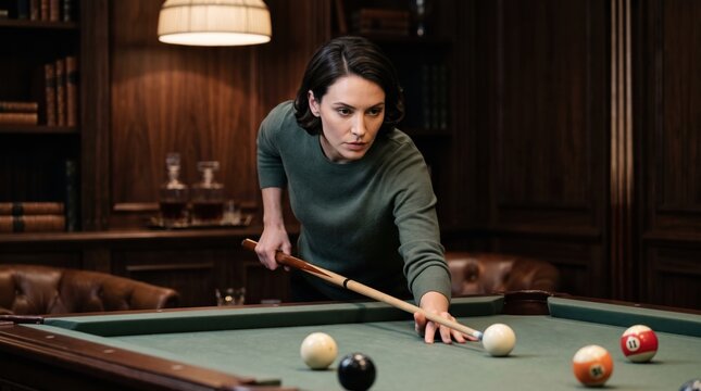 Luxury lifestyle concept. A person plays billiards in a private room, aiming a cue stick at the balls on a green felt table.