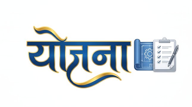Hindi word yojana in blue and gold gradient with a blueprint and a checklist icon.