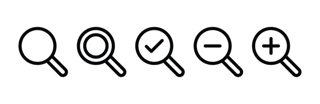 Magnifying glass icons vector set outline style