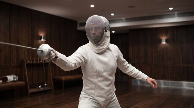 Luxury lifestyle concept. A fencer in a white suit practices in a dark interior, focusing on precision and the art of swordplay.