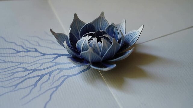 Moving camera revealing pop-up paper lotus on folded card, exposing blue branches and petal veins
