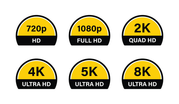 Set of video resolution icons including hd, full hd, quad hd, 4k, 5k and 8k ultra hd