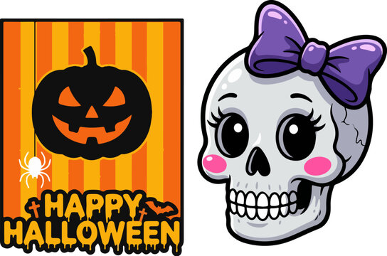 Cute halloween pumpkin and skull with purple bow illustration