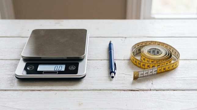 Digital Scale Measuring Tape and Pen on White Wooden Table