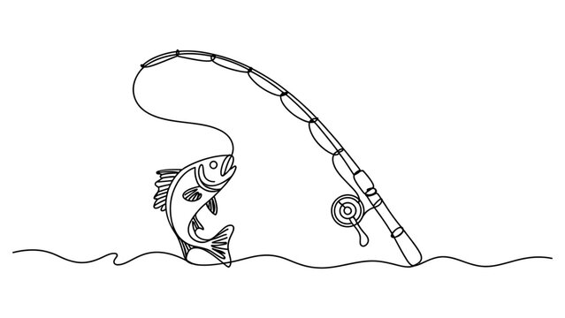 Continuous single line drawing of a fish caught on a fishing rod and reel Vector, illustration
