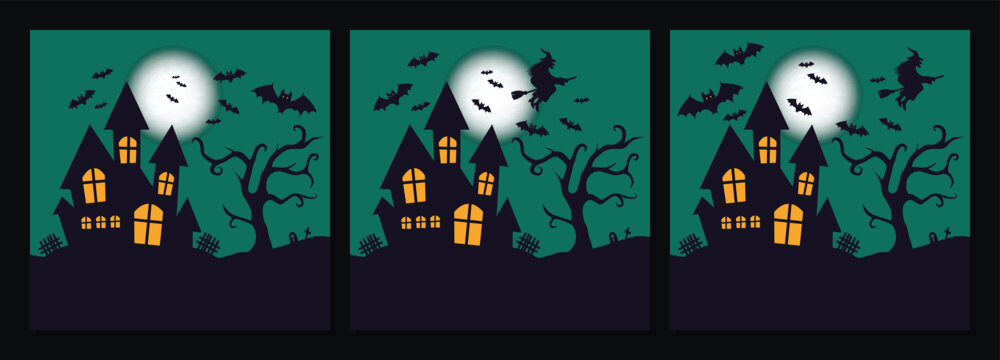 Set of three spooky Halloween night scenes with haunted houses, glowing windows, full moon, flying bats, witch silhouettes and twisted trees. Ideal for posters, party invitations, greeting cards, wall
