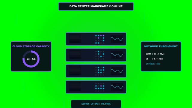Futuristic cloud computing data center server racks with glowing LED lights, data streams, and server uptime HUD. Perfect for cloud storage, web hosting, network infrastructure, and big data processin