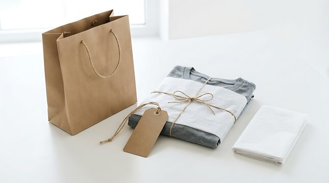 Neatly Folded Gray T-Shirt Packaged with Sustainable White Paper Wrap and Twine Bow Next to a Brown Kraft Paper Shopping Bag and Blank Tag on White Background for Apparel Branding Mockup