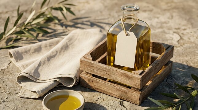Premium extra virgin olive oil in a clear glass bottle with a blank label tag inside a rustic wooden crate, set on a textured stone surface with fresh olive branches and warm golden sunlight.