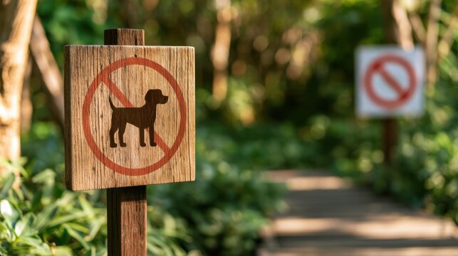 Wooden sign with red no dog symbol posted along nature trail in green forest park indicating pets are not allowed in walking path area