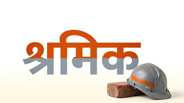 Orange and gray hindi text shramik symbolizing labor with construction safety helmet on clay brick.