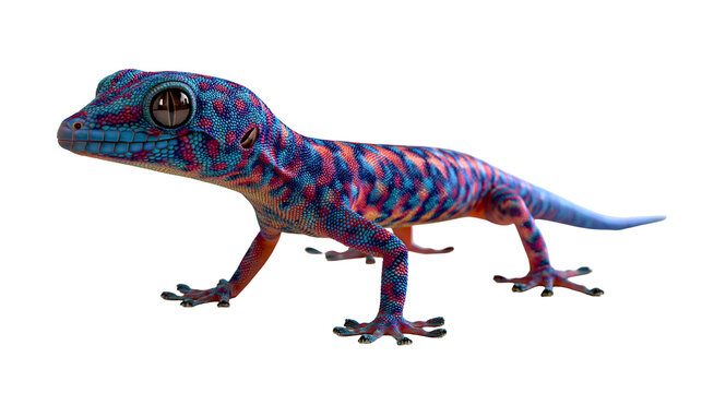 Vibrant blue and red patterned gecko lizard with large dark eyes
