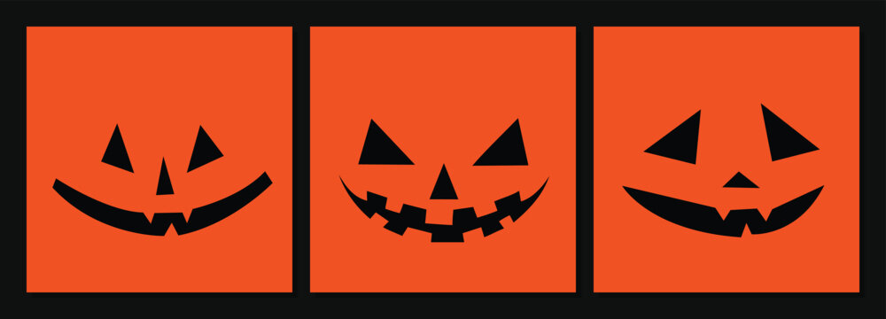 Halloween Jack O Lantern Face Triptych on Orange Background, Spooky Pumpkin Smile Silhouette Set. Halloween icon set.