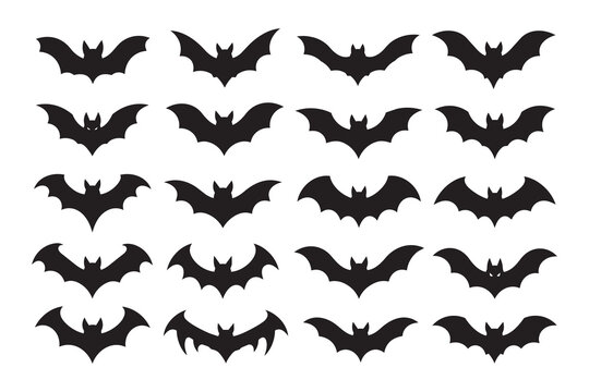 Halloween Bat Silhouettes Set, 20 Spooky Flying Bat Icons Isolated on White background. Halloween icon set.