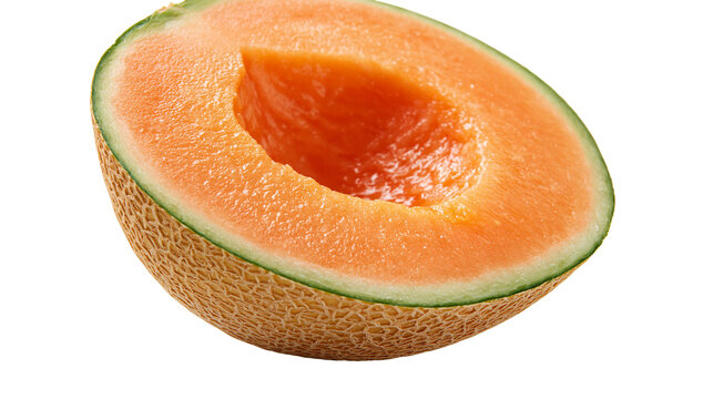 Fresh ripe cantaloupe melon half with orange juicy flesh and textured rind